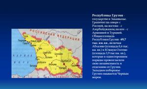 Se învecinează la nord cu Rusia, la est - cu Azerbaidjan, la sud - cu Armenia și Turcia